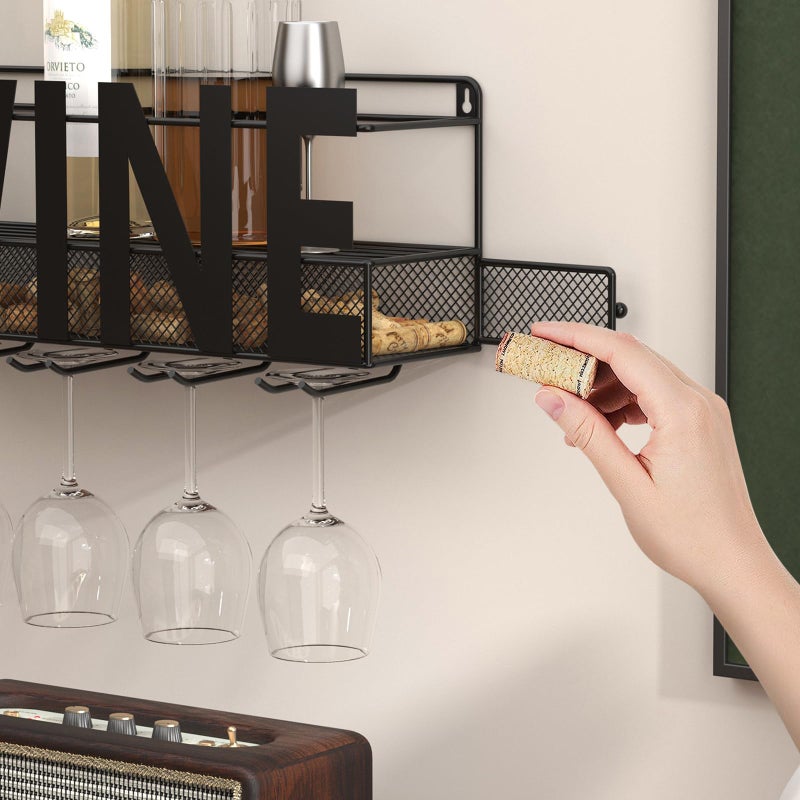 SODUKU Wall Mounted Metal Wine Rack - Wine Rack Wall Mount Wine Bottle Holder 4 Long Stem Glass Holder & Wine Cork Storage Wine - Image 4